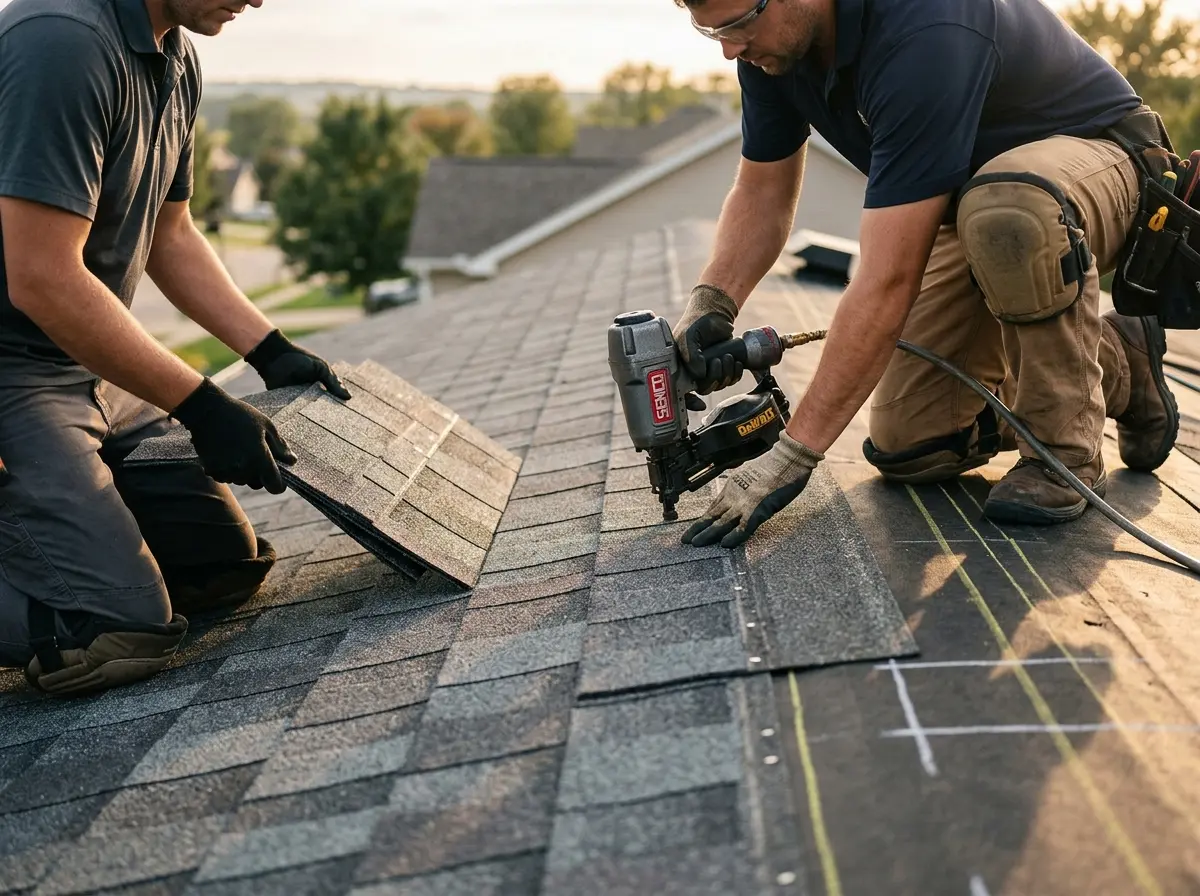Professional roofer working on a residential roof in El Paso